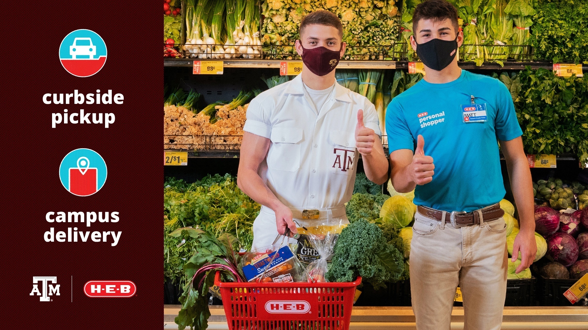 A Texas A&M yell leader holding a basket of groceries stands next to an HEB employee; HEB offers curbside pickup and campus delivery