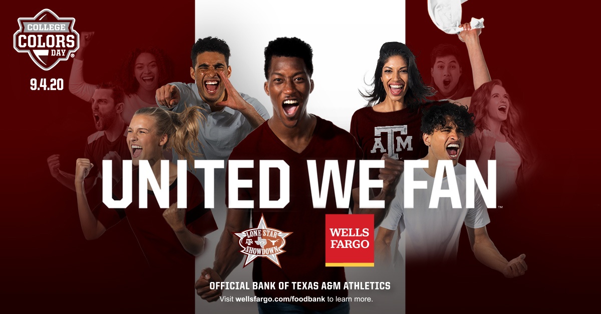 United We Fan, multiple fans dressed in Aggie attire excitedly cheer on a maroon and white background