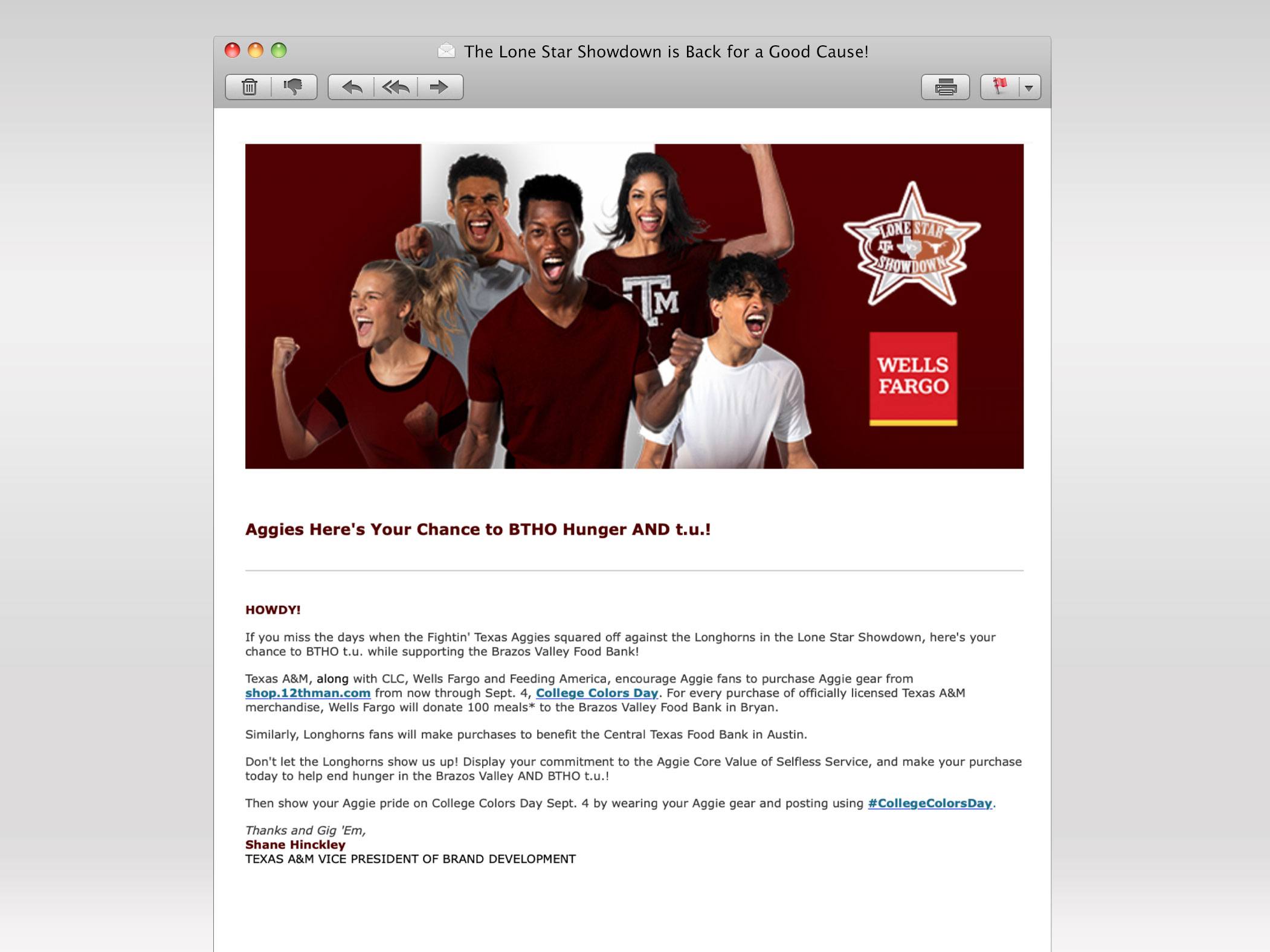 Email directed at former students titled 'Aggies Here's Your Change to BTHO Hunger and t.u.'