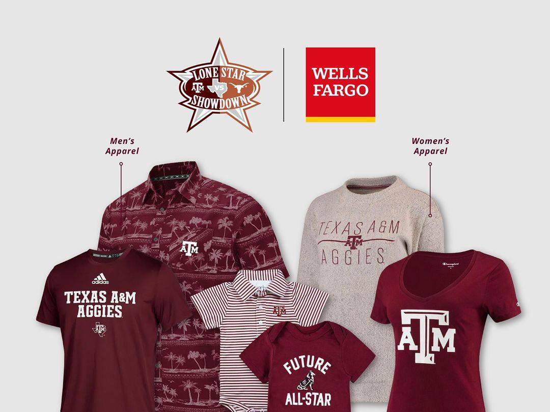 Various styles of Aggie t-shirts, including long-sleeved tees, kids wear, and polo shirts