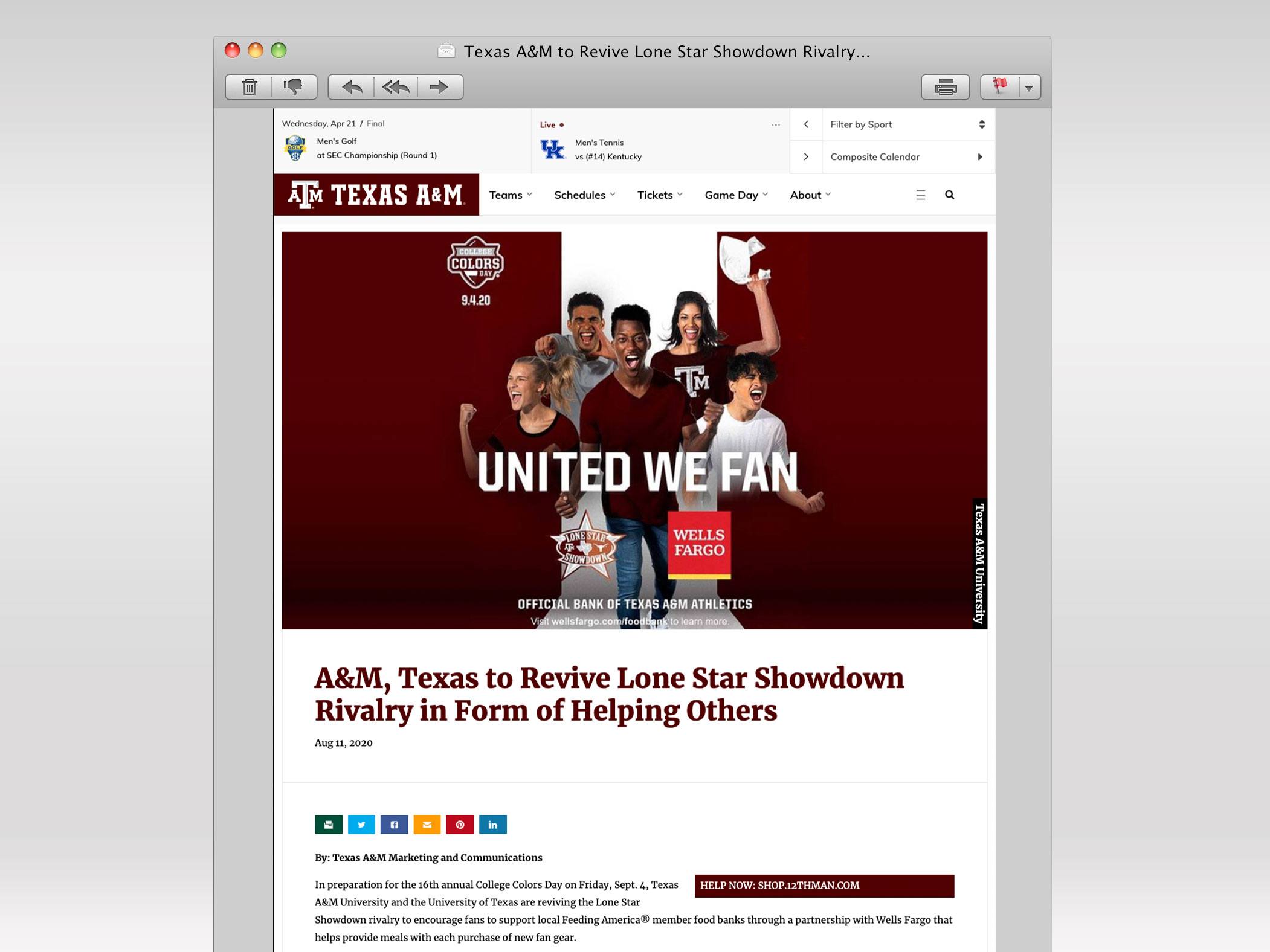 12th Man Newsletter titled 'A&M, Texas to Revive Lone Star Showdown Rivalry in Form of Helping Others'