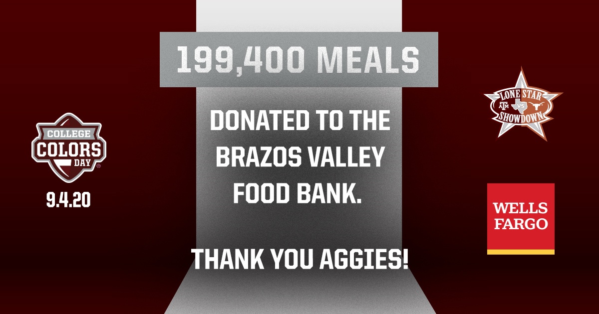 199,400 Meals donated to the Brazos Valley Food Bank. Thank You Aggies!