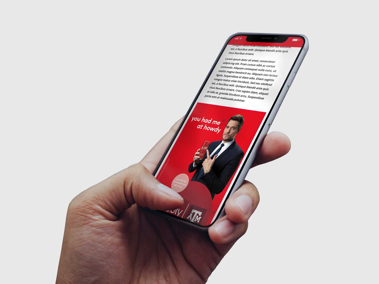 Hand holding a smart phone displaying a Bubly digital ad