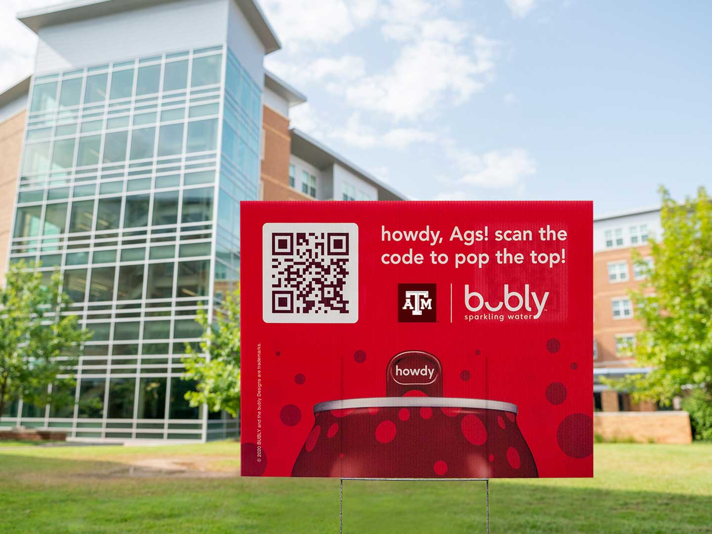 bubly signage on Texas A&M Campus