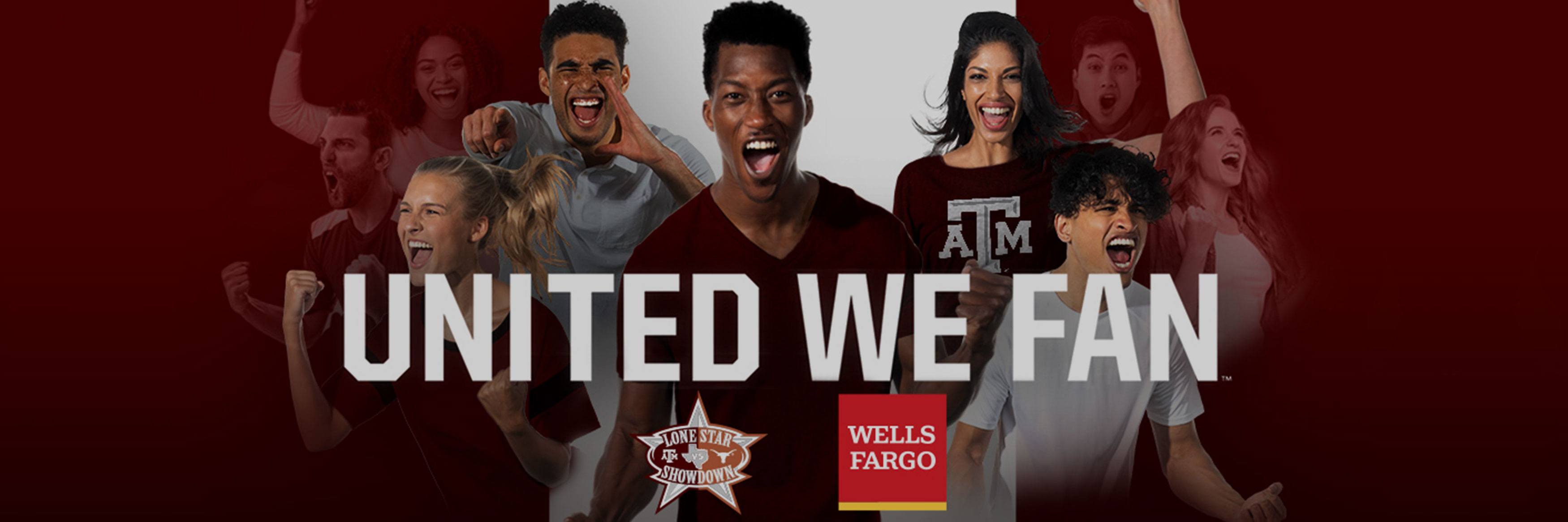 United We Fan, multiple fans dressed in Aggie attire excitedly cheer on a maroon and white background